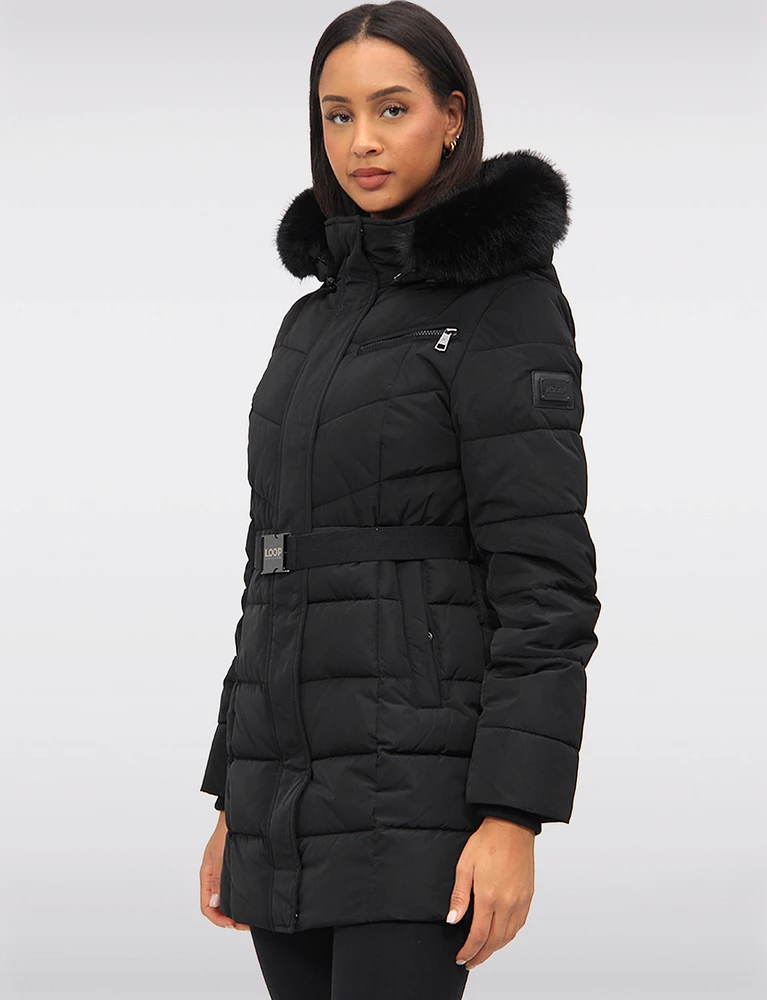 Vegan Eco-Down Puffer Parka With Detachable Faux Fur Trim Hood by Loop