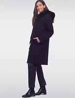 Luxurious Detachable Genuine Fur Trim Hooded Scarf Wool Blend Coat by Styla