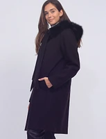 Luxurious Detachable Genuine Fur Trim Hooded Scarf Wool Blend Coat by Styla