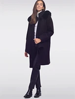 Luxurious Detachable Genuine Fur Trim Hooded Scarf Wool Blend Coat by Styla