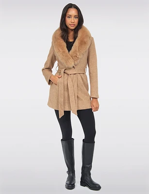 Chic Genuine Fur Removable Shawl Collar Belted Wool Blend Coat by Styla