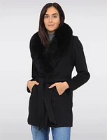 Chic Genuine Fur Removable Shawl Collar Belted Wool Blend Coat by Styla