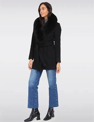 Chic Genuine Fur Removable Shawl Collar Belted Wool Blend Coat by Styla