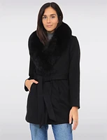 Chic Genuine Fur Removable Shawl Collar Belted Wool Blend Coat by Styla