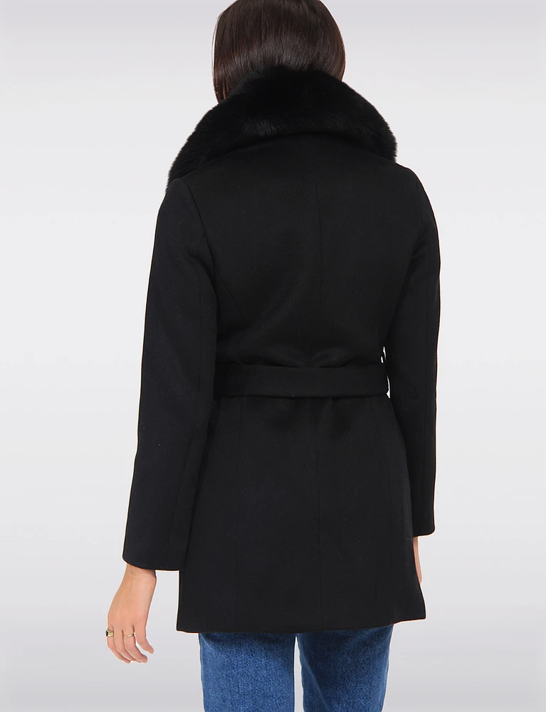 Chic Genuine Fur Removable Shawl Collar Belted Wool Blend Coat by Styla