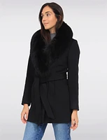 Chic Genuine Fur Removable Shawl Collar Belted Wool Blend Coat by Styla