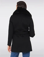 Chic Genuine Fur Removable Shawl Collar Belted Wool Blend Coat by Styla