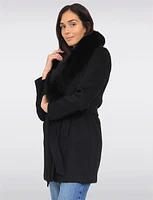 Chic Genuine Fur Removable Shawl Collar Belted Wool Blend Coat by Styla