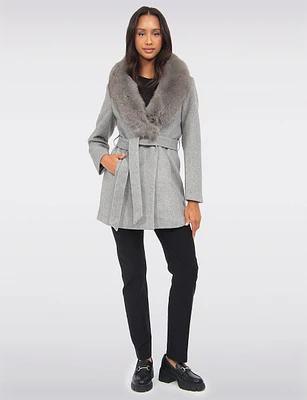 Chic Genuine Fur Removable Shawl Collar Belted Wool Blend Coat by Styla