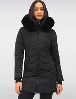 Long Slant Quilted Coat with Detachable Genuine Fur Trim Hood by Sokos