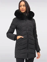 Long Slant Quilted Coat with Detachable Genuine Fur Trim Hood by Sokos