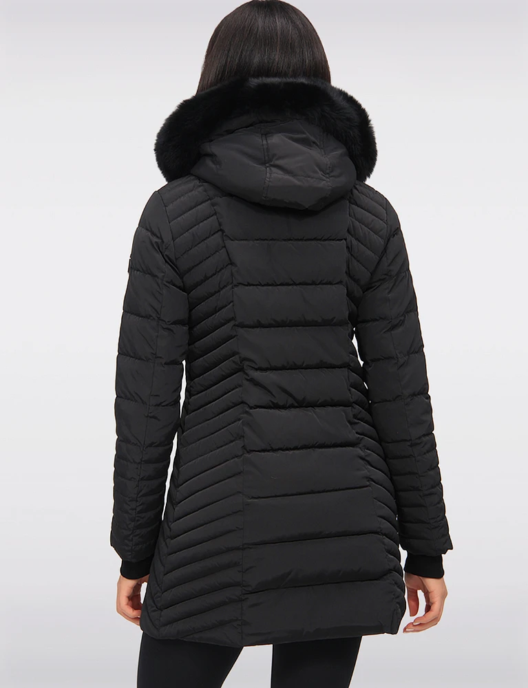 Long Slant Quilted Coat with Detachable Genuine Fur Trim Hood by Sokos