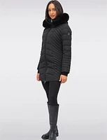 Long Slant Quilted Coat with Detachable Genuine Fur Trim Hood by Sokos