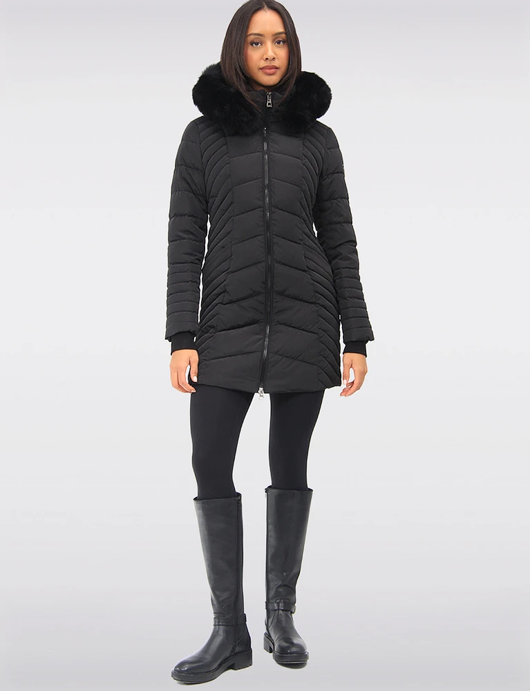 Long Slant Quilted Coat with Detachable Genuine Fur Trim Hood by Sokos