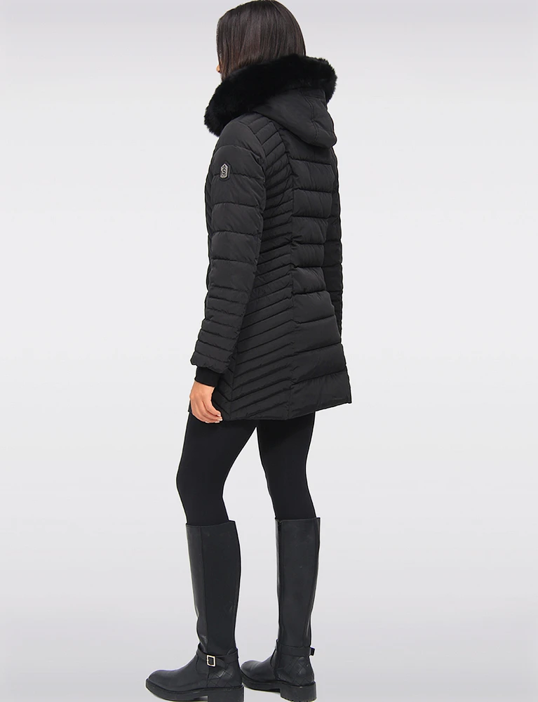 Long Slant Quilted Coat with Detachable Genuine Fur Trim Hood by Sokos