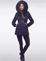 Vonne Quilted Cire Polyloft Belted Coat with Genuine Fur Trim Hood by Sokos