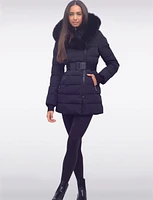 Vonne Quilted Cire Polyloft Belted Coat with Genuine Fur Trim Hood by Sokos