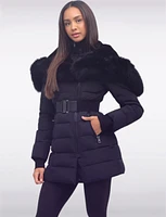 Vonne Quilted Cire Polyloft Belted Coat with Genuine Fur Trim Hood by Sokos