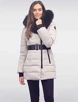 Vonne Quilted Cire Polyloft Belted Coat with Genuine Fur Trim Hood by Sokos