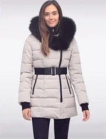 Vonne Quilted Cire Polyloft Belted Coat with Genuine Fur Trim Hood by Sokos