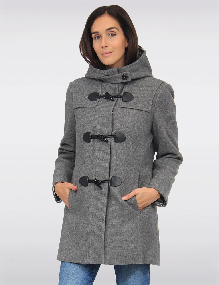 Chic Wool Blend Quilt and Plaid Lined Hooded Toggle Closure Duffle Coat by Saki