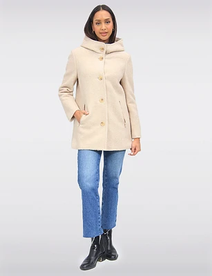 Cozy Bouclé Knit High Collar Wool Trench Coat with Integrated Hood by Saki