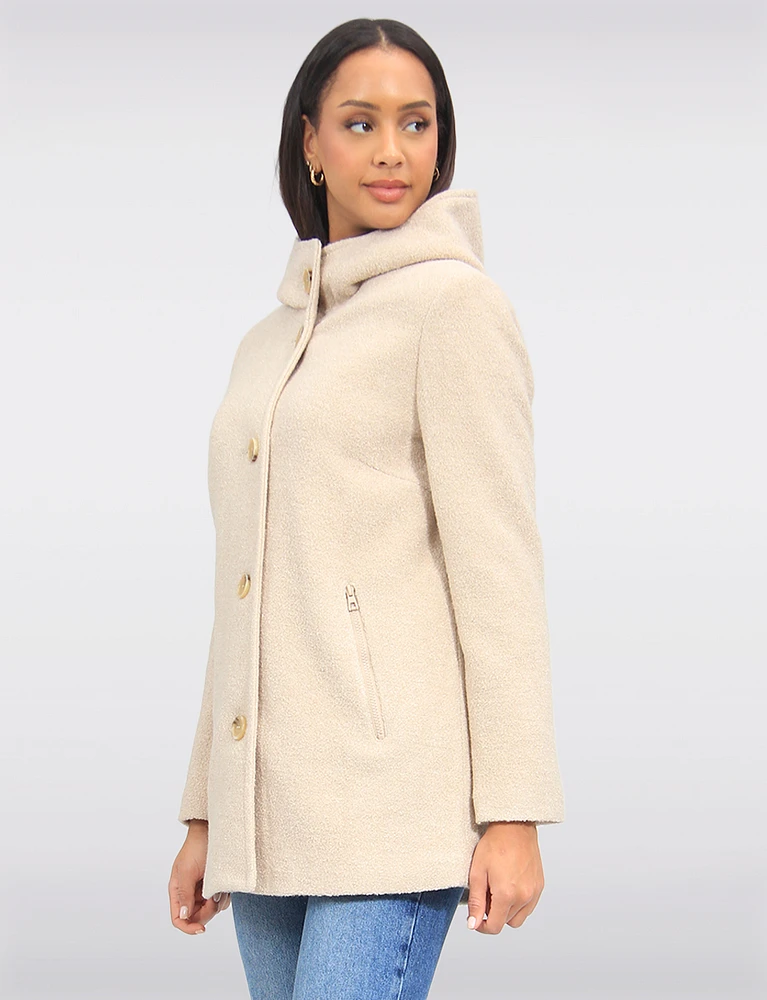 Cozy Bouclé Knit High Collar Wool Trench Coat with Integrated Hood by Saki