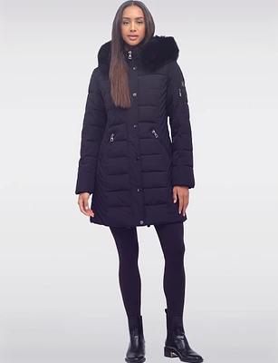 Vegan Hooded Eco-Down Cire Puffer Jacket with Detachable Faux Fur Trim by Saki