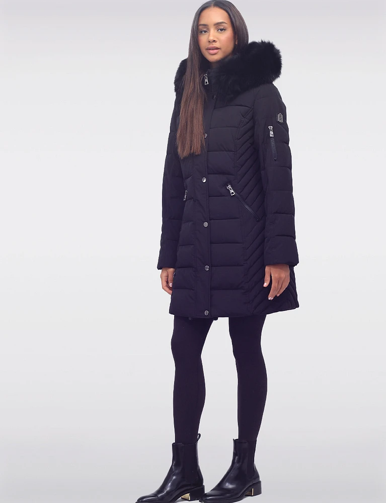 Vegan Hooded Eco-Down Cire Puffer Jacket with Detachable Faux Fur Trim by Saki