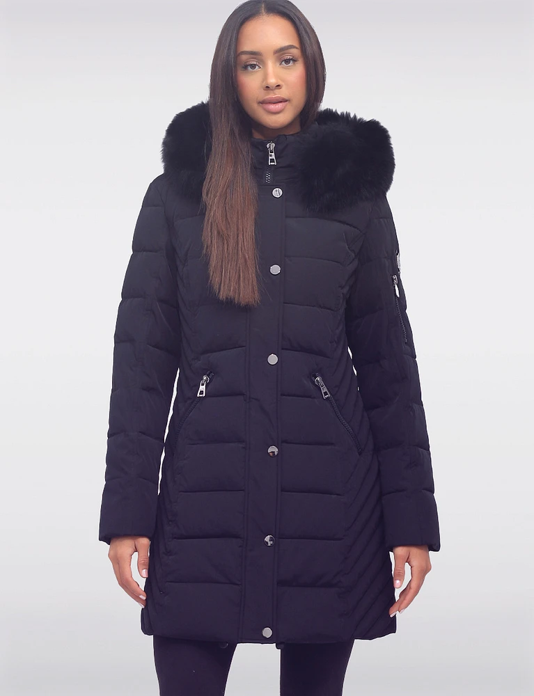 Vegan Hooded Eco-Down Cire Puffer Jacket with Detachable Faux Fur Trim by Saki