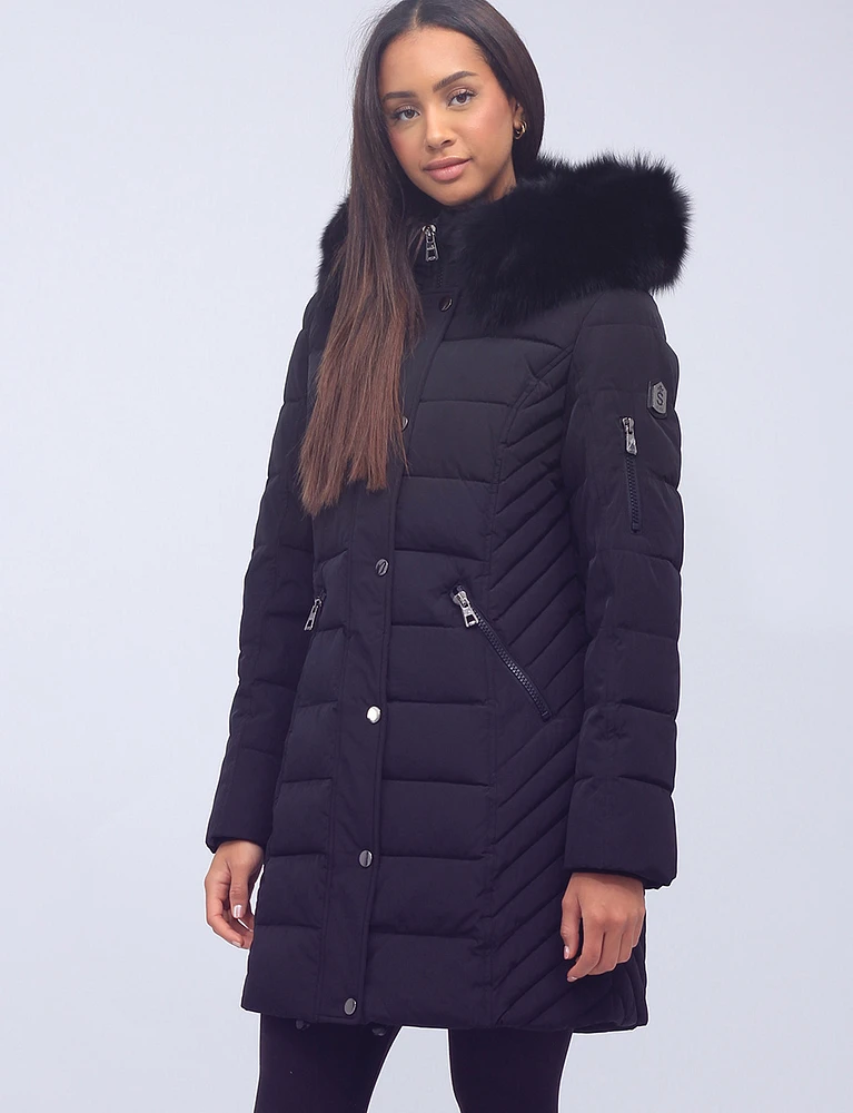 Vegan Hooded Eco-Down Cire Puffer Jacket with Detachable Faux Fur Trim by Saki