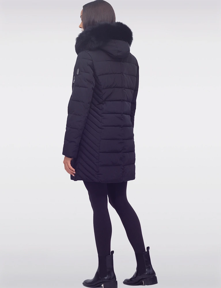 Vegan Hooded Eco-Down Cire Puffer Jacket with Detachable Faux Fur Trim by Saki