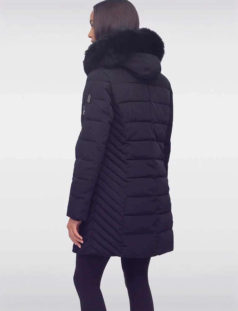 Vegan Hooded Eco-Down Cire Puffer Jacket with Detachable Faux Fur Trim by Saki