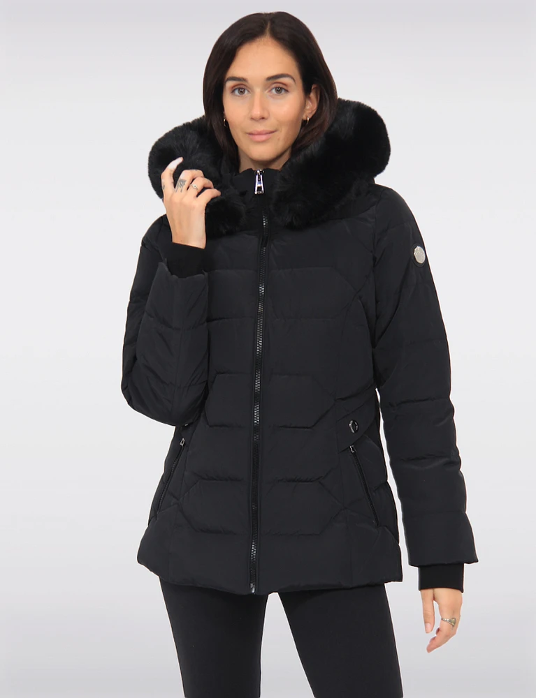 Luna Vegan Chic Faux Fur Trim Hooded Quilted Polyloft Jacket by Saki