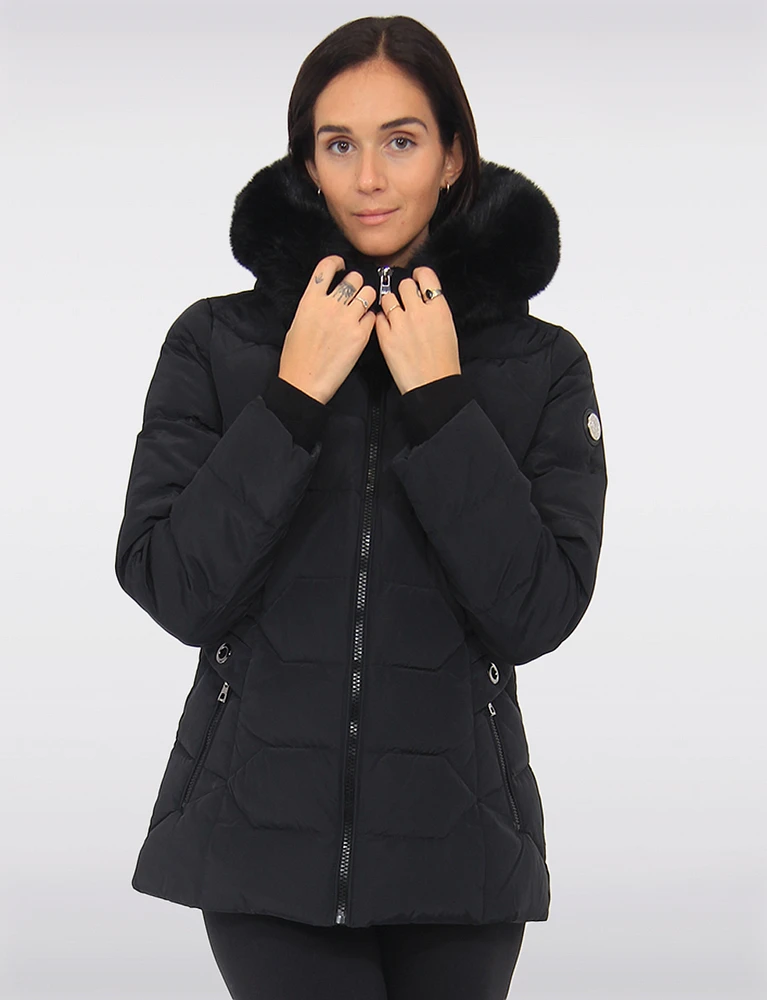 Luna Vegan Chic Faux Fur Trim Hooded Quilted Polyloft Jacket by Saki