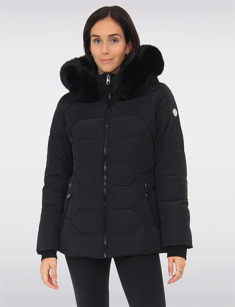 Luna Vegan Chic Faux Fur Trim Hooded Quilted Polyloft Jacket by Saki