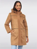 Reversible Cozy Faux Suede and Soft Sherpa Hooded Vegan Coat by Saki