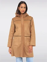 Reversible Cozy Faux Suede and Soft Sherpa Hooded Vegan Coat by Saki