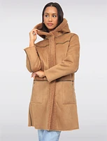 Reversible Cozy Faux Suede and Soft Sherpa Hooded Vegan Coat by Saki