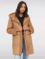 Reversible Cozy Faux Suede and Soft Sherpa Hooded Vegan Coat by Saki