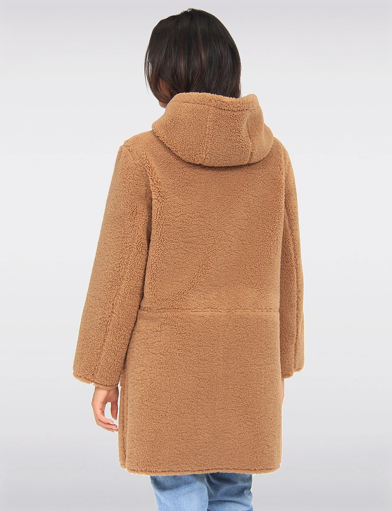 Reversible Cozy Faux Suede and Soft Sherpa Hooded Vegan Coat by Saki