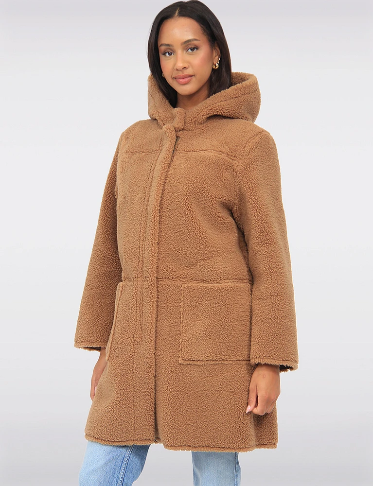 Reversible Cozy Faux Suede and Soft Sherpa Hooded Vegan Coat by Saki