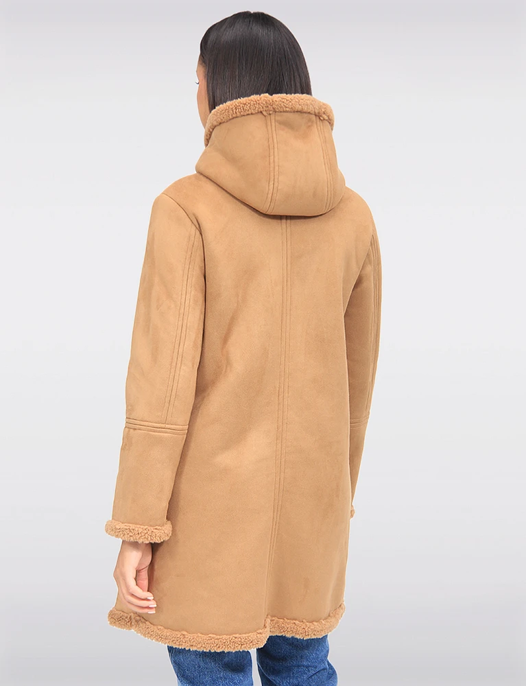 Classic Cozy Faux Suede Hooded Coat Lined With Soft Vegan Sherling by Saki