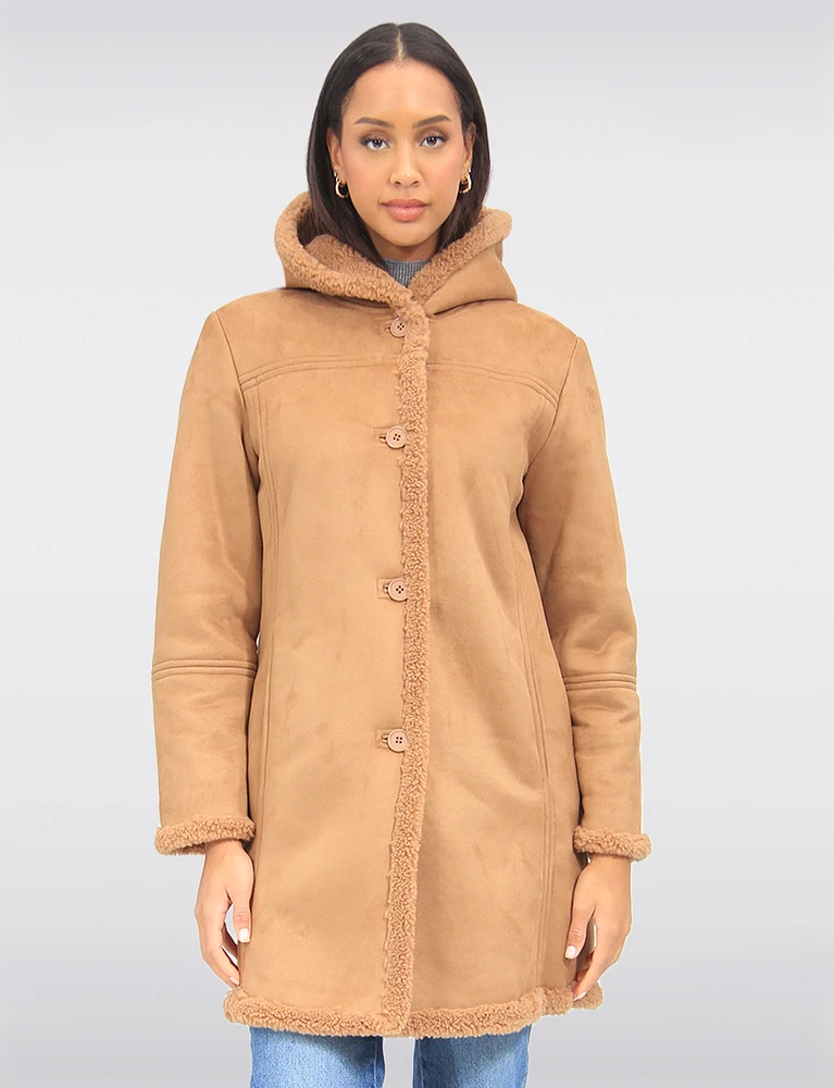 Classic Cozy Faux Suede Hooded Coat Lined With Soft Vegan Sherling by Saki