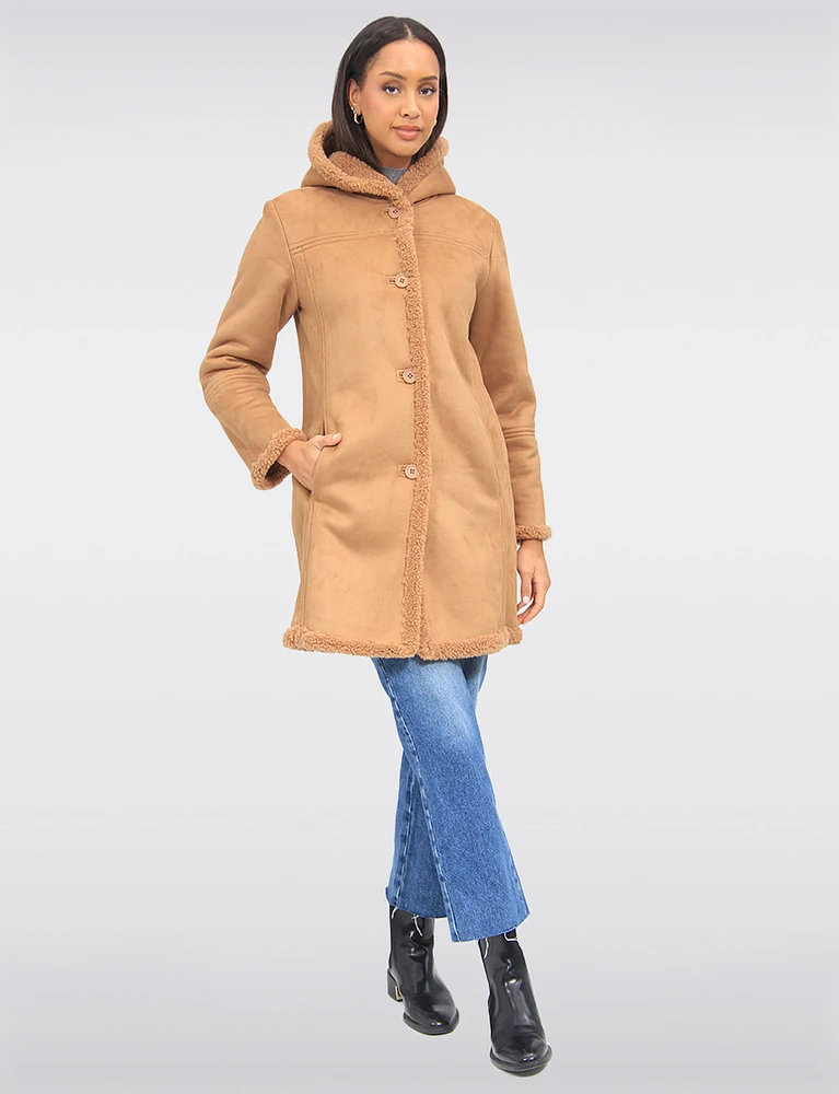 Classic Cozy Faux Suede Hooded Coat Lined With Soft Vegan Sherling by Saki