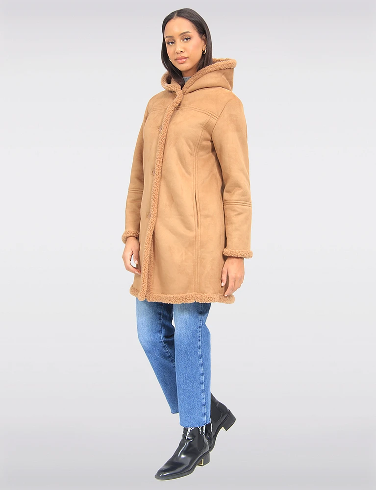 Classic Cozy Faux Suede Hooded Coat Lined With Soft Vegan Sherling by Saki