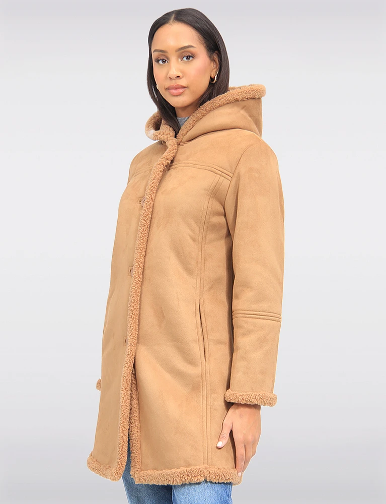 Classic Cozy Faux Suede Hooded Coat Lined With Soft Vegan Sherling by Saki