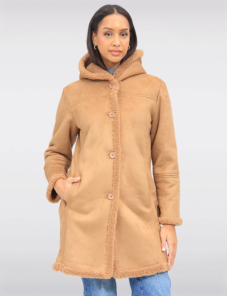 Classic Cozy Faux Suede Hooded Coat Lined With Soft Vegan Sherling by Saki