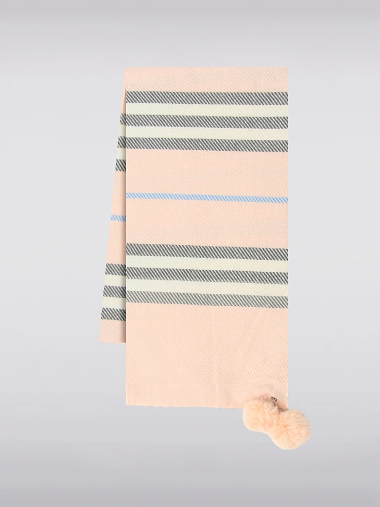 Cozy Lightweight Soft Striped Foulard with Removable Real Fur Pompoms by Saki