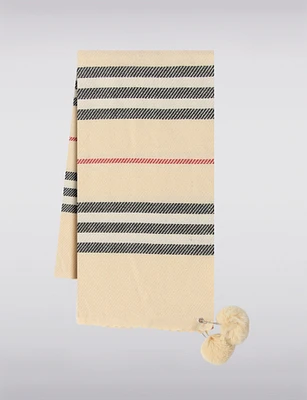 Cozy Lightweight Soft Striped Foulard with Removable Real Fur Pompoms by Saki